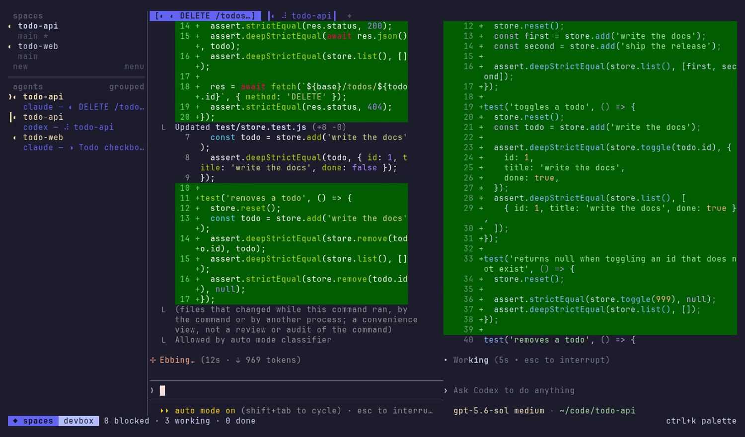 Claude Code and Codex side by side in the terminal client, both working