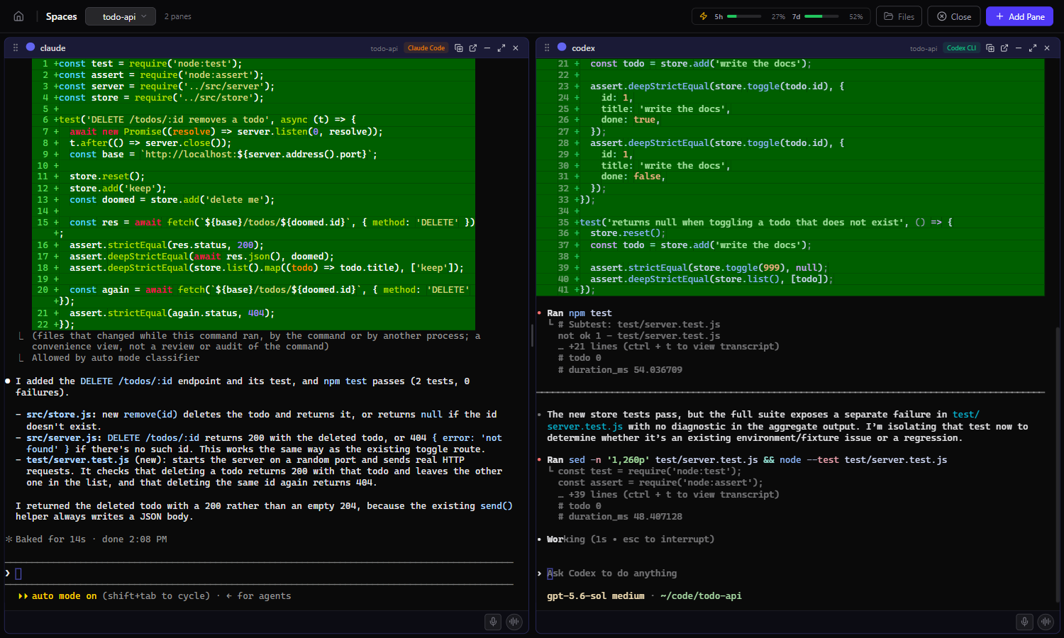 The Spaces web app with Claude Code finished and Codex waiting for approval
