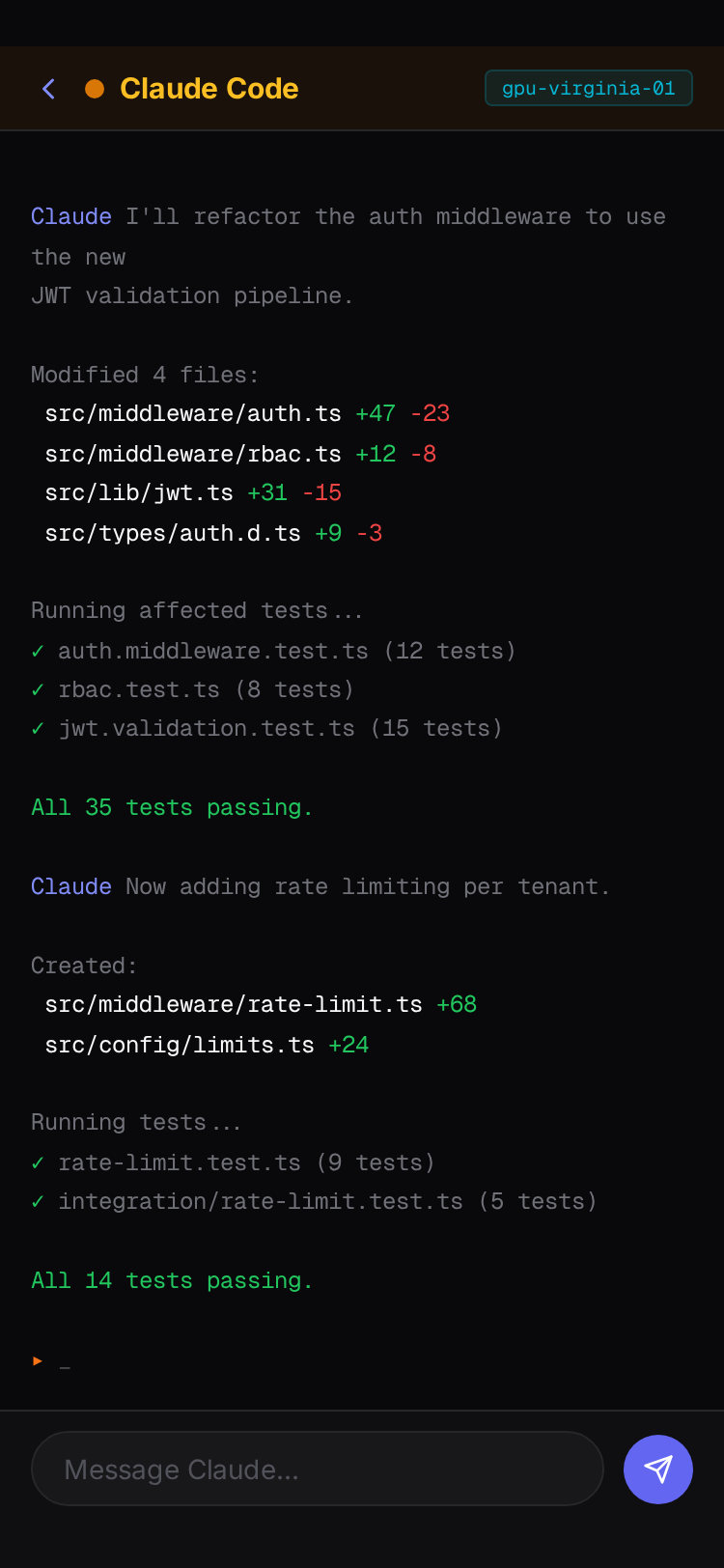 Spaces mobile view of an active Claude Code terminal session with command output and message input