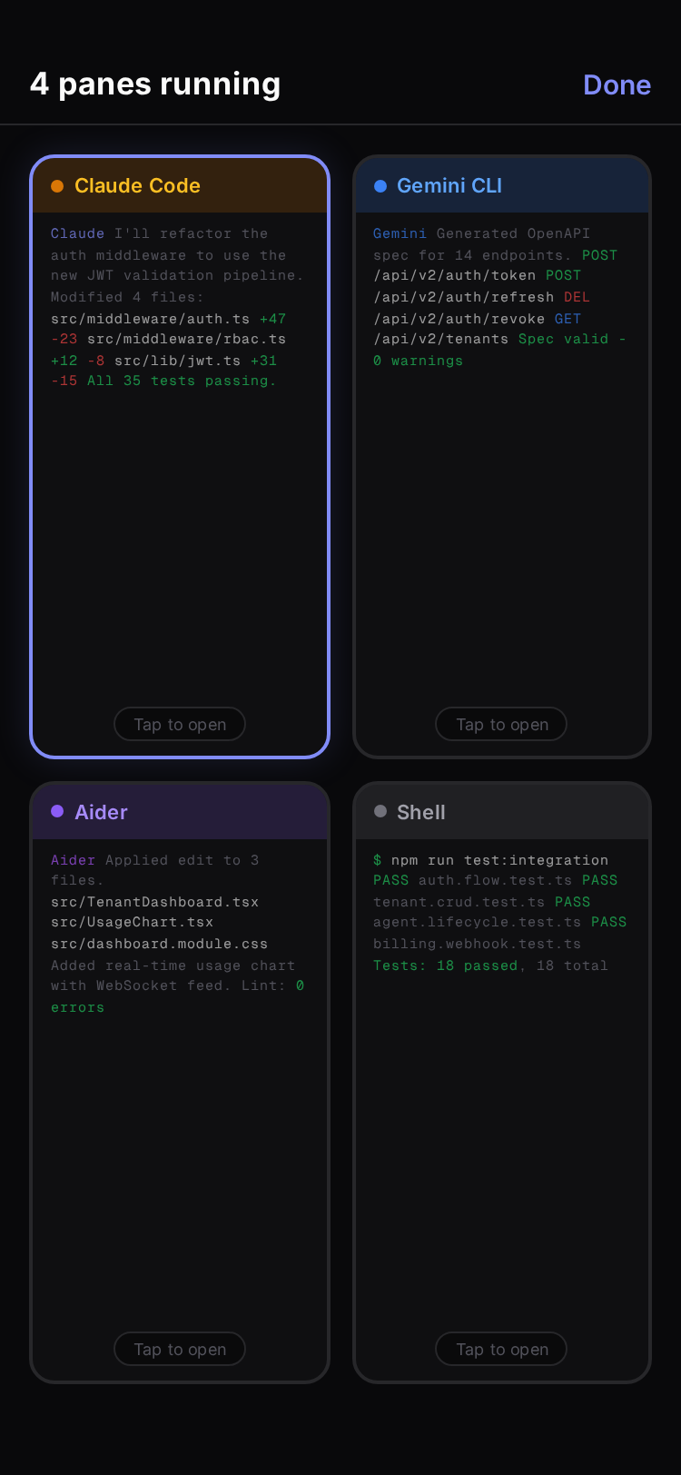 Spaces mobile pane switcher displaying 4 mini terminal previews in a responsive grid